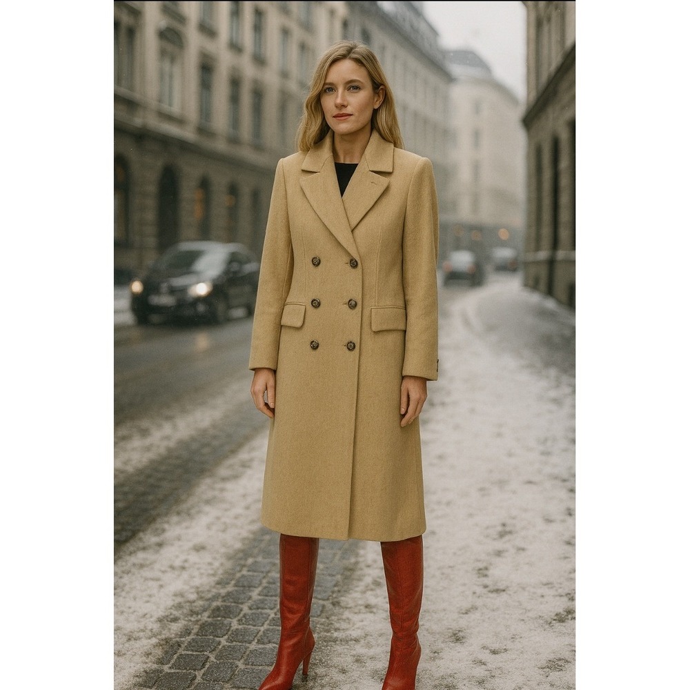 Pierre Cardin Wool Blend Long Coat Beige Double Breasted Belt Back Women's